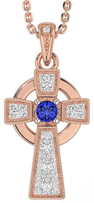 Diamond Sapphire Rose Gold Silver Celtic Cross Necklace