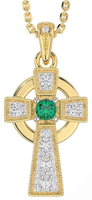 Diamond Emerald Gold Silver Celtic Cross Necklace