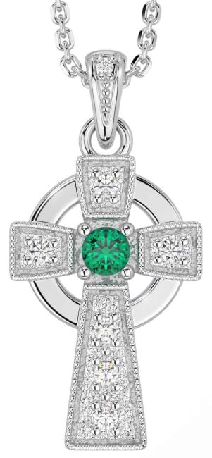 Diamond Emerald Silver Celtic Cross Necklace