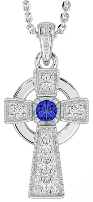 Diamond Sapphire White Gold Celtic Cross Necklace