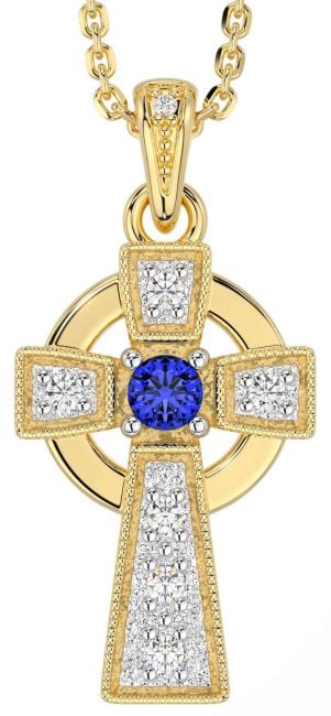 Diamond Sapphire Gold Celtic Cross Necklace