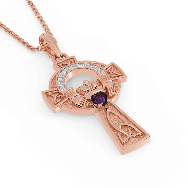 Diamond Alexandrite Rose Gold Silver Claddagh Celtic Cross Necklace