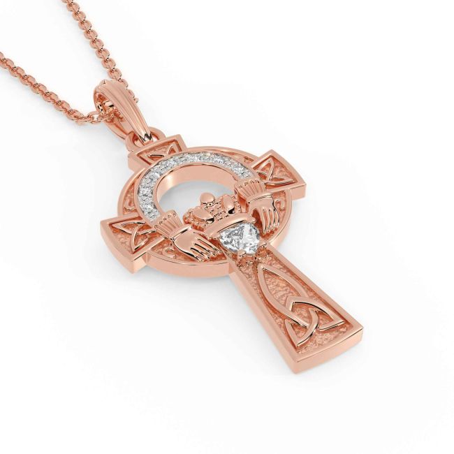 Diamond Rose Gold Silver Claddagh Celtic Cross Necklace