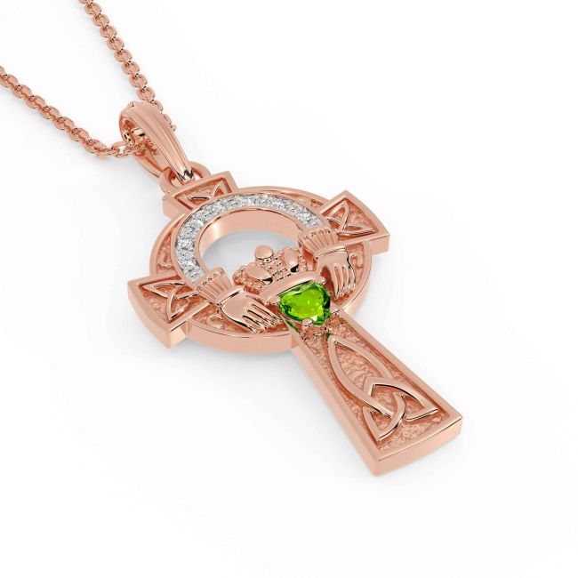 Diamond Peridot Rose Gold Silver Claddagh Celtic Cross Necklace