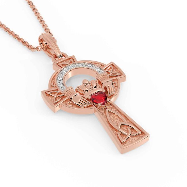 Diamond Ruby Rose Gold Silver Claddagh Celtic Cross Necklace