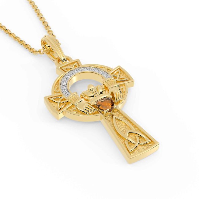 Diamond Citrine Gold Silver Claddagh Celtic Cross Necklace