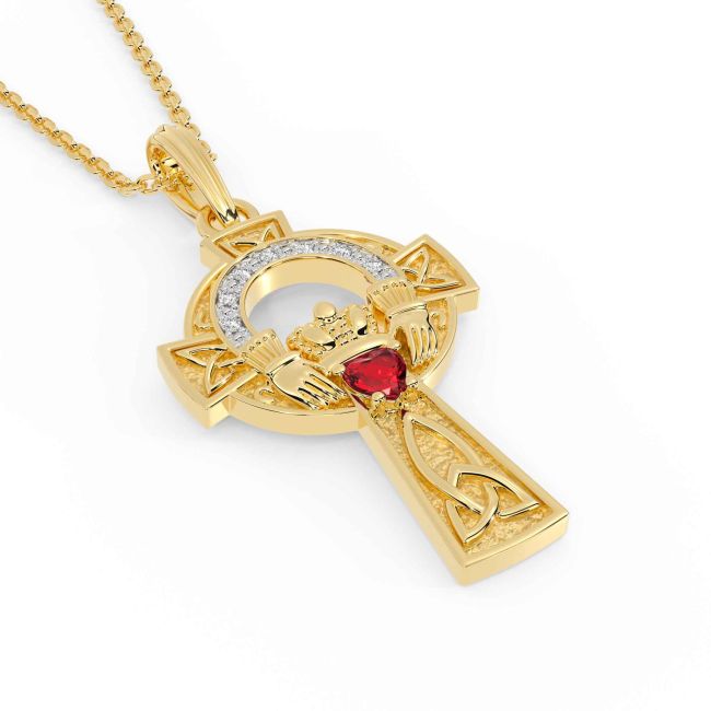 Diamond Ruby Gold Silver Claddagh Celtic Cross Necklace