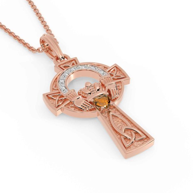 Diamond Citrine Rose Gold Claddagh Celtic Cross Necklace