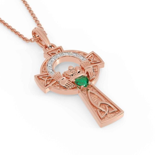 Diamond Emerald Rose Gold Claddagh Celtic Cross Necklace