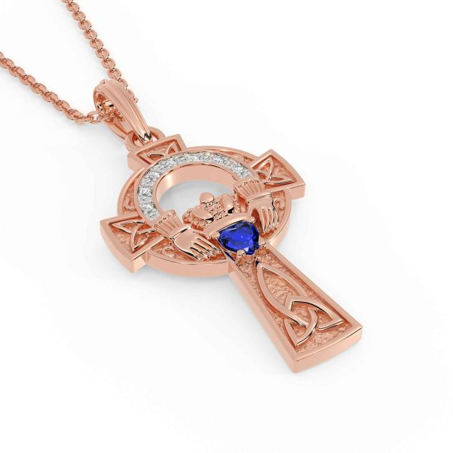 Diamond Sapphire Rose Gold Claddagh Celtic Cross Necklace