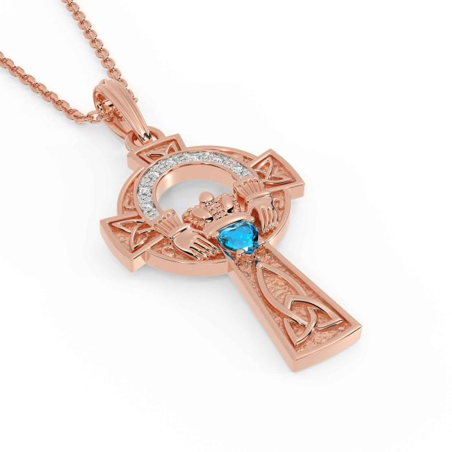 Diamond Topaz Rose Gold Claddagh Celtic Cross Necklace