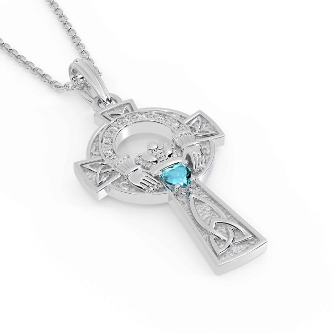 Diamond Aquamarine Silver Claddagh Celtic Cross Necklace