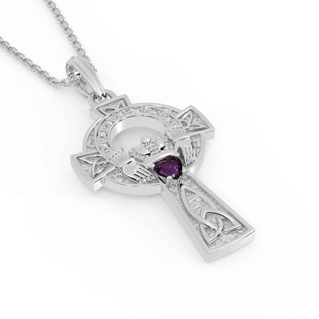 Diamond Alexandrite Silver Claddagh Celtic Cross Necklace