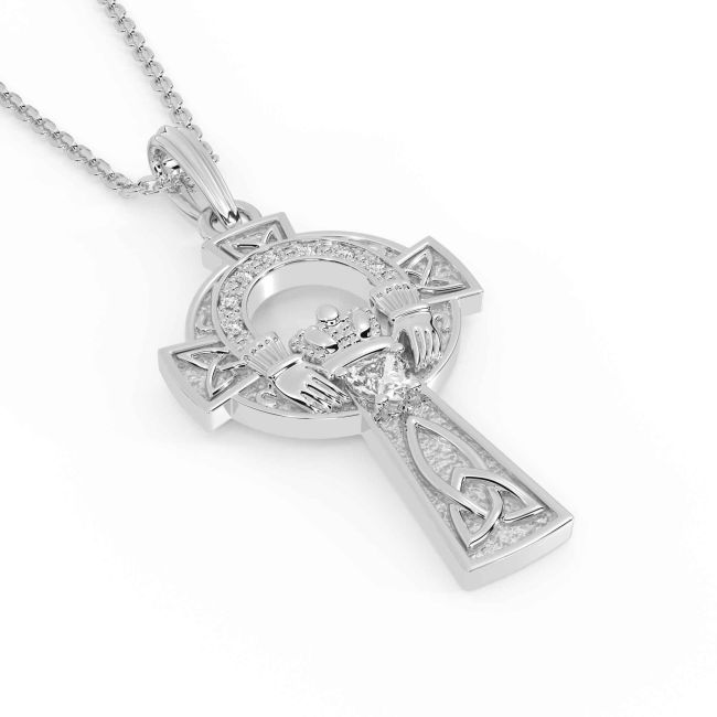 Diamond Silver Claddagh Celtic Cross Necklace