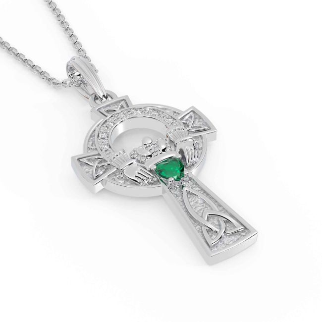 Diamond Emerald Silver Claddagh Celtic Cross Necklace