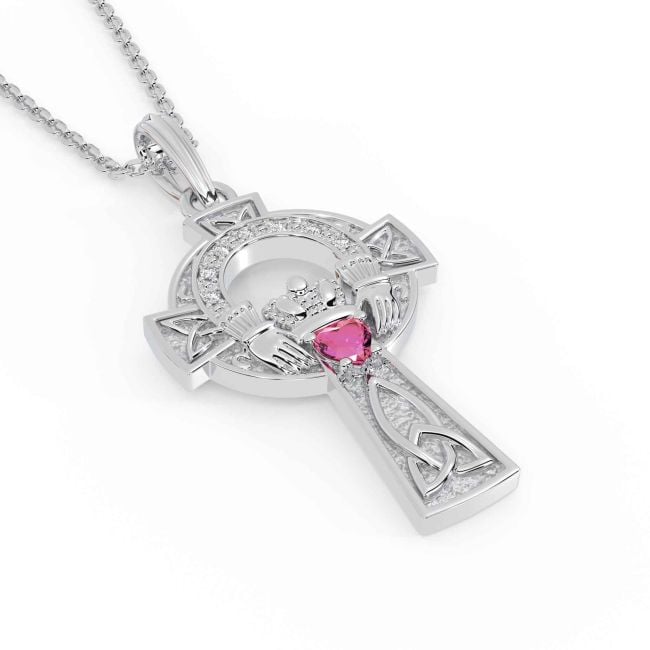 Diamond Pink Tourmaline Silver Claddagh Celtic Cross Necklace