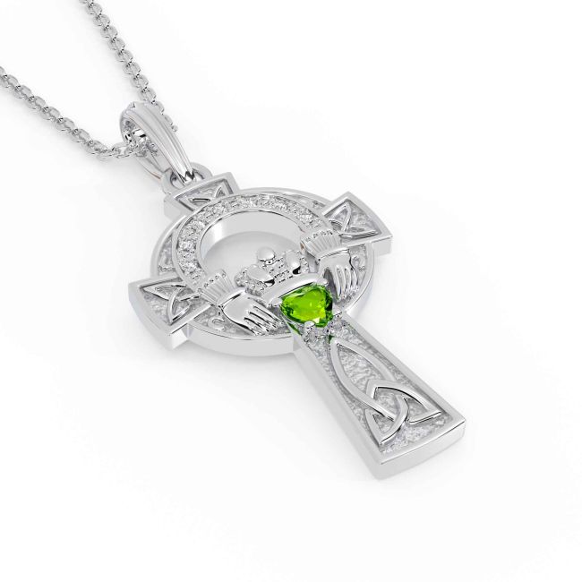 Diamond Peridot Silver Claddagh Celtic Cross Necklace