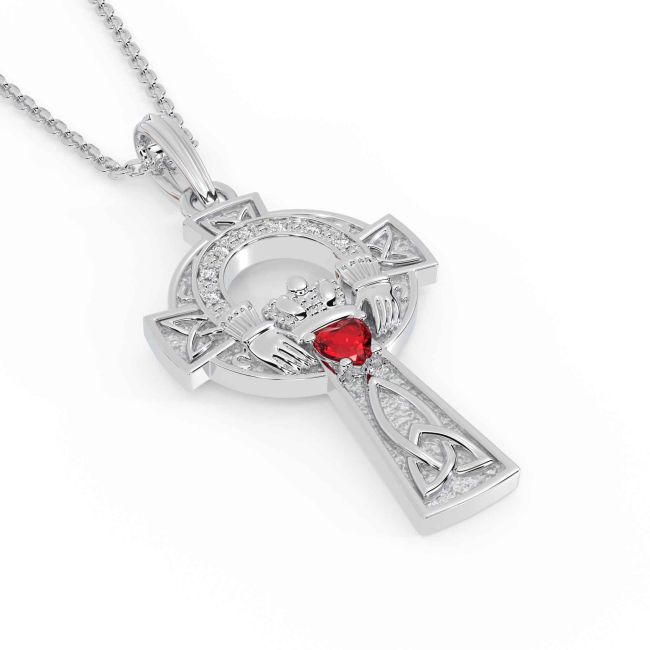 Diamond Ruby Silver Claddagh Celtic Cross Necklace
