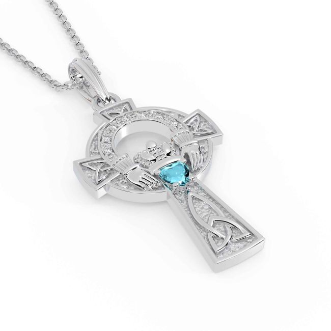 Diamond Aquamarine White Gold Claddagh Celtic Cross Necklace