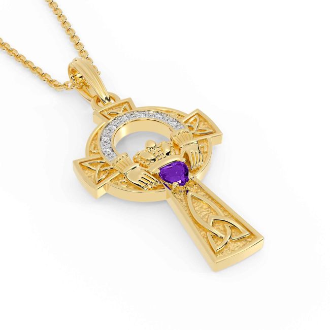 Diamond Amethyst Gold Claddagh Celtic Cross Necklace