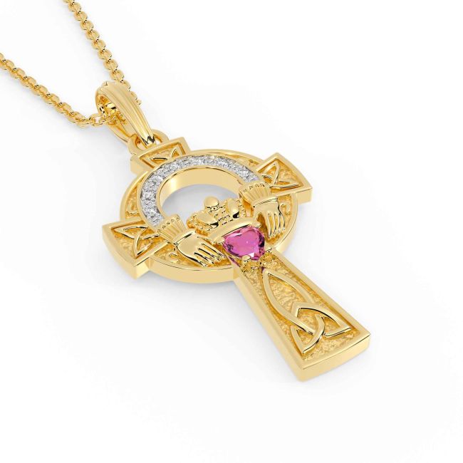 Diamond Pink Tourmaline Gold Claddagh Celtic Cross Necklace