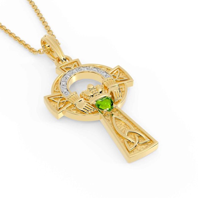 Diamond Peridot Gold Claddagh Celtic Cross Necklace