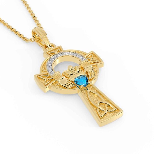 Diamond Topaz Gold Claddagh Celtic Cross Necklace