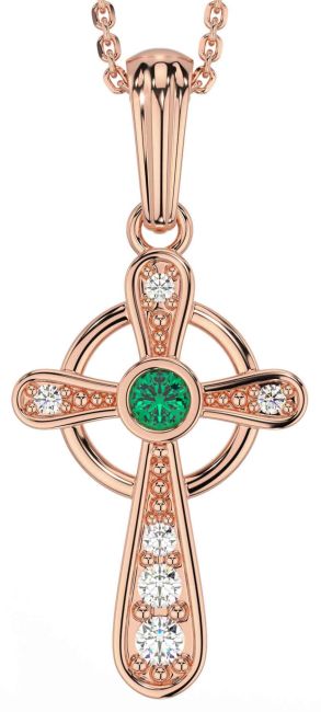 Diamond Emerald Rose Gold Silver Celtic Cross Necklace
