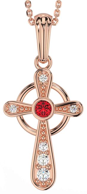 Diamond Ruby Rose Gold Silver Celtic Cross Necklace