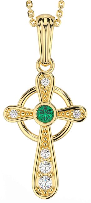 Diamond Emerald Gold Silver Celtic Cross Necklace