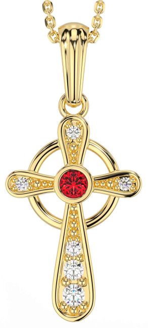 Diamond Ruby Gold Silver Celtic Cross Necklace