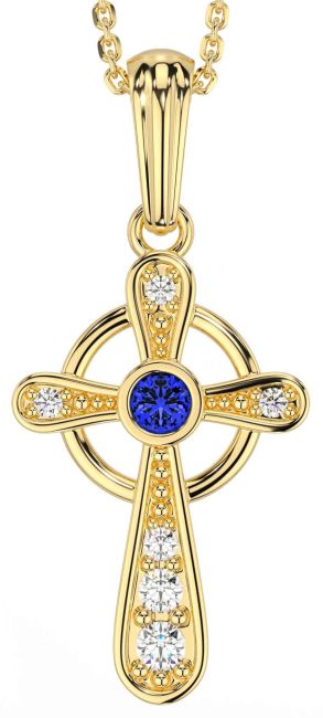 Diamond Sapphire Gold Silver Celtic Cross Necklace