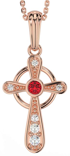 Diamond Ruby Rose Gold Celtic Cross Necklace
