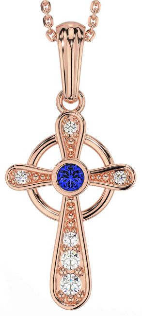 Diamond Sapphire Rose Gold Celtic Cross Necklace