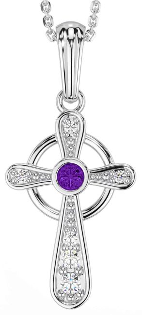Diamond Amethyst Silver Celtic Cross Necklace