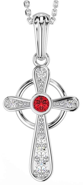 Diamond Ruby Silver Celtic Cross Necklace