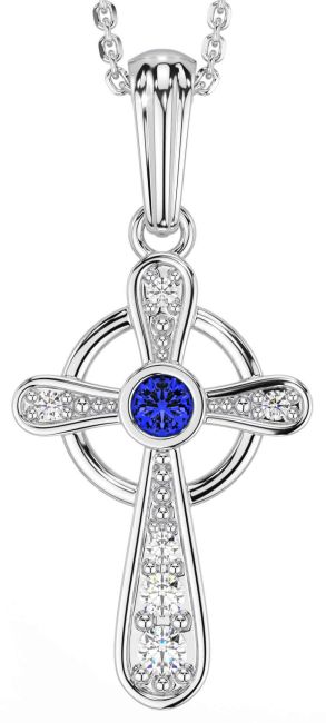 Diamond Sapphire Silver Celtic Cross Necklace
