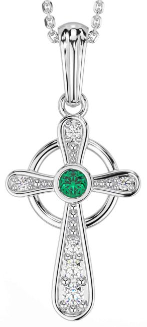 Diamond Emerald White Gold Celtic Cross Necklace