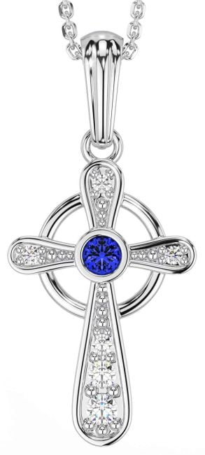 Diamond Sapphire White Gold Celtic Cross Necklace