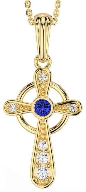 Diamond Sapphire Gold Celtic Cross Necklace