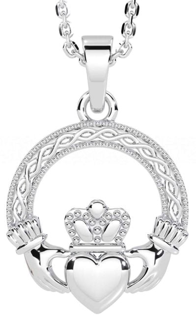 White Gold Celtic Claddagh Necklace