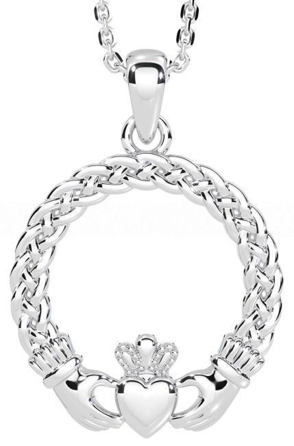 White Gold Celtic Claddagh Necklace