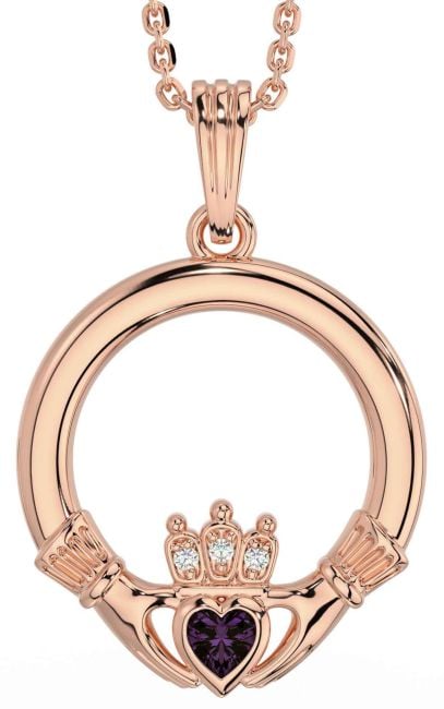 Diamond Alexandrite Rose Gold Silver Claddagh Necklace