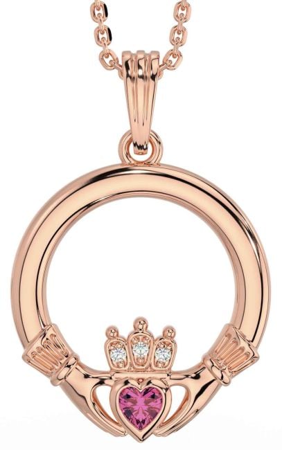 Diamond Pink Tourmaline Rose Gold Silver Claddagh Necklace