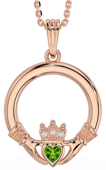 Diamond Peridot Rose Gold Silver Claddagh Necklace