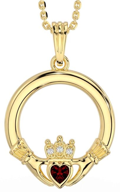 Diamond Garnet Gold Silver Claddagh Necklace