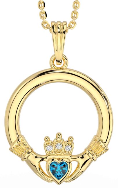 Diamond Topaz Gold Silver Claddagh Necklace