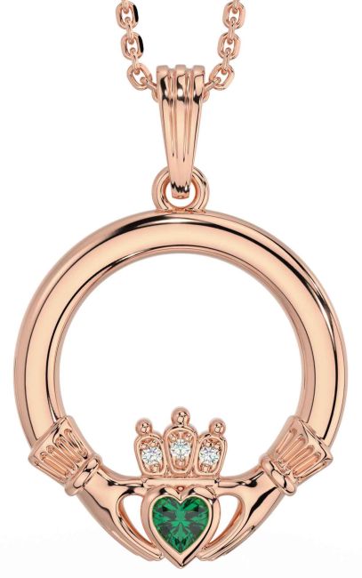 Diamond Emerald Rose Gold Claddagh Necklace