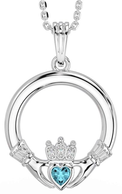 Diamond Aquamarine Silver Claddagh Necklace