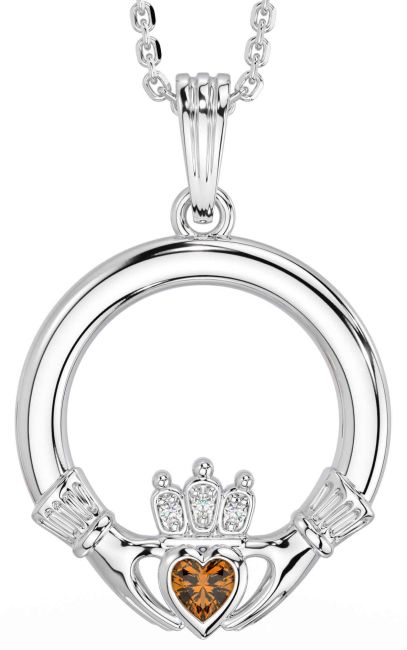 Diamond Citrine Silver Claddagh Necklace